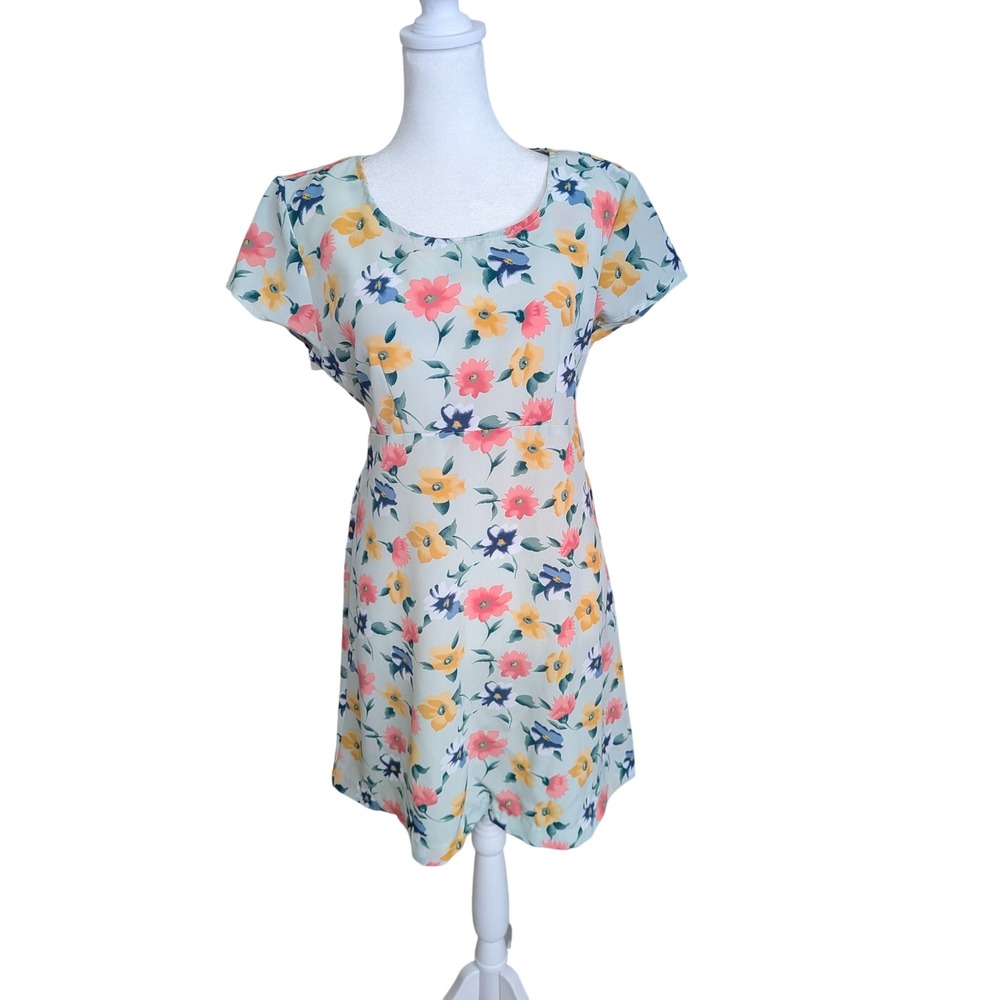 Vintage La Belle Fashions Mint Green Floral Short Sleeve Dress 90s Small